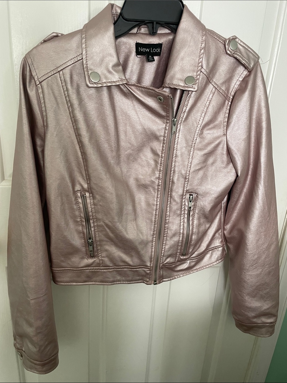 Juniors New Look Metallic Rose/Mauve Faux Leather Moto Jacket
